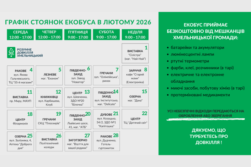 Екобус у лютому. Розклад прийому небезпечних відходів
